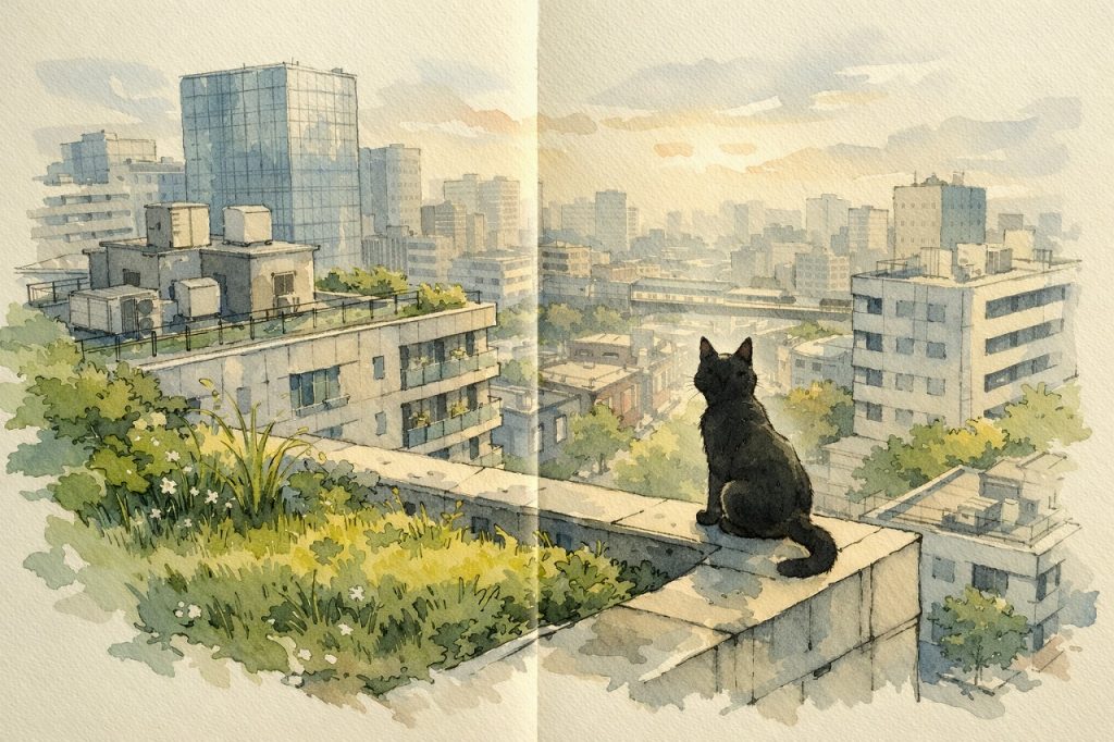 黒猫とマンション俯瞰