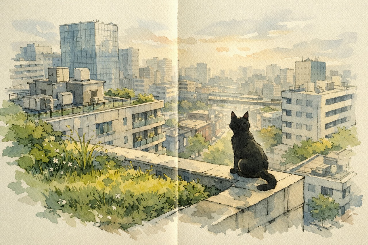 黒猫とマンション俯瞰